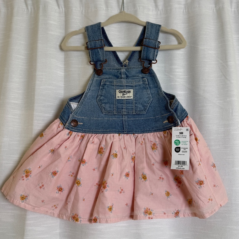 OshKosh Baby Girl Denim Overall Dress Pink Floral Skirt | NWT Size 9M - Picture 4 of 11